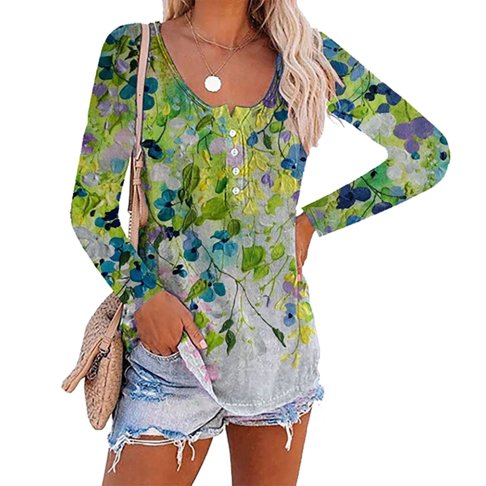 Women Summer Blouse Loose Long Sleeve Button Front Floral Print Blouse for Female Green XXL