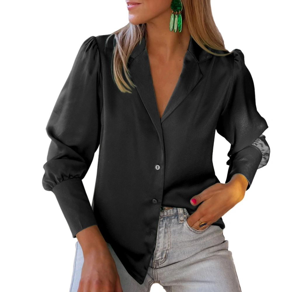 Women Shirt Long Sleeve Button Closure Blouse Top Turn Down Collar Shirt Pure Color Loose Blouse Black XL