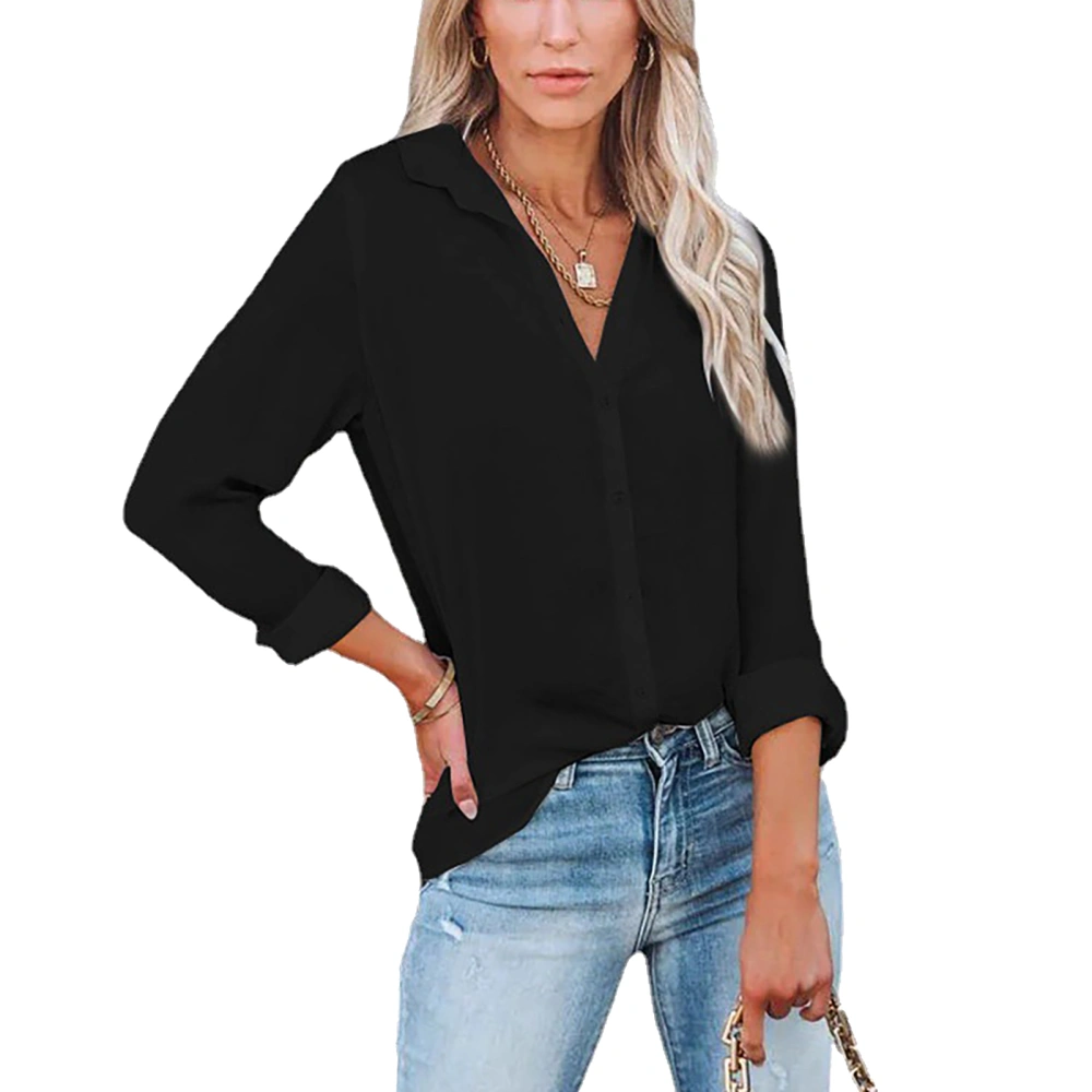 Women Shirt Long Sleeve V Neck Turn Down Collar Pure Color Button Front Shirt for Female Black L