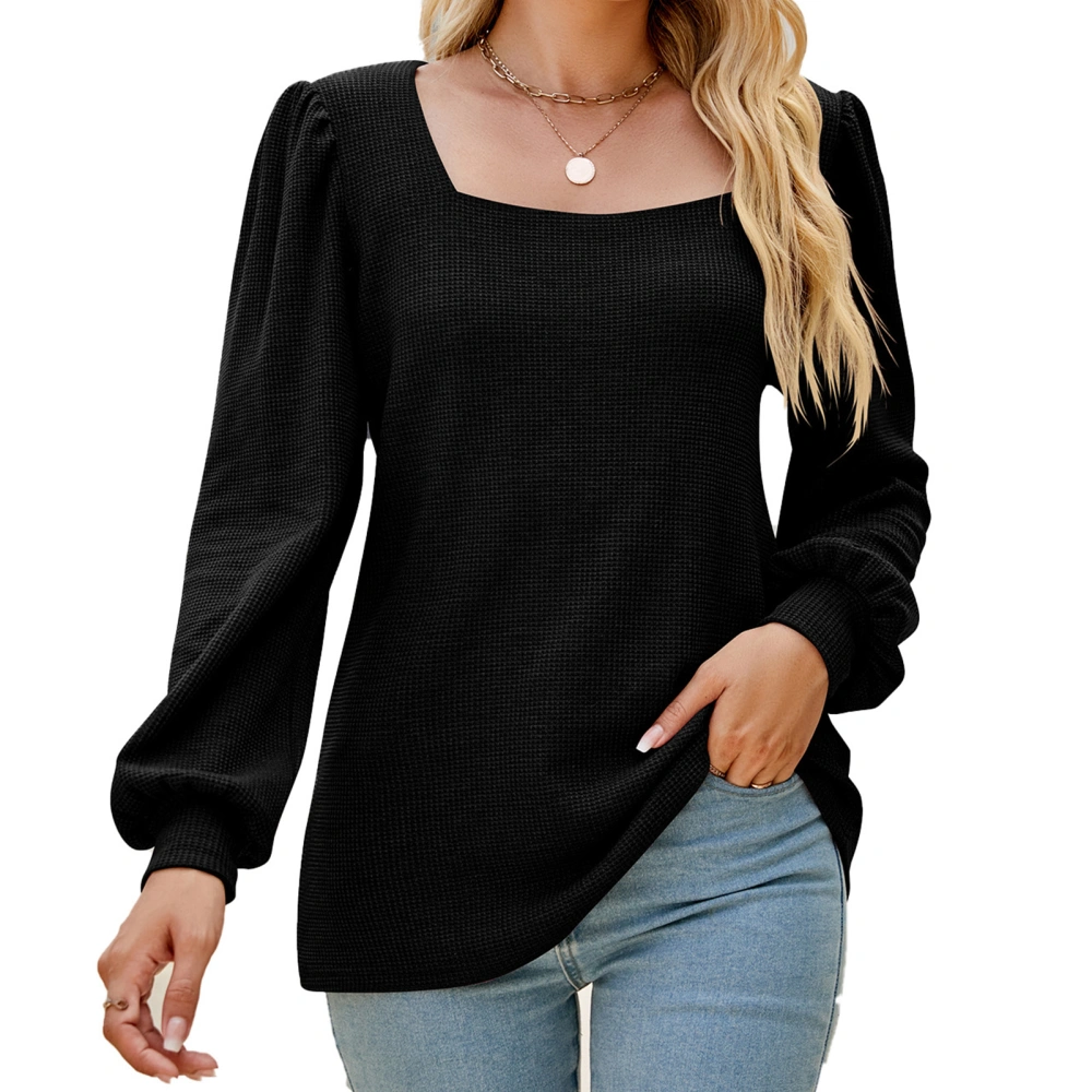 Women Puff Sleeve T Shirt Loose Pure Color Shirt Female Long Sleeve Casual Top Black L