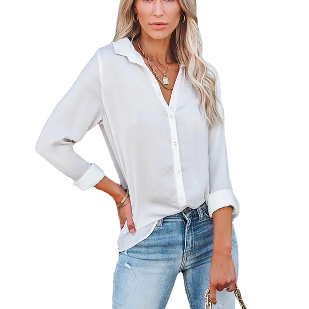 Women Shirt Long Sleeve V Neck Turn Down Collar Pure Color Button Front Shirt for Female White M