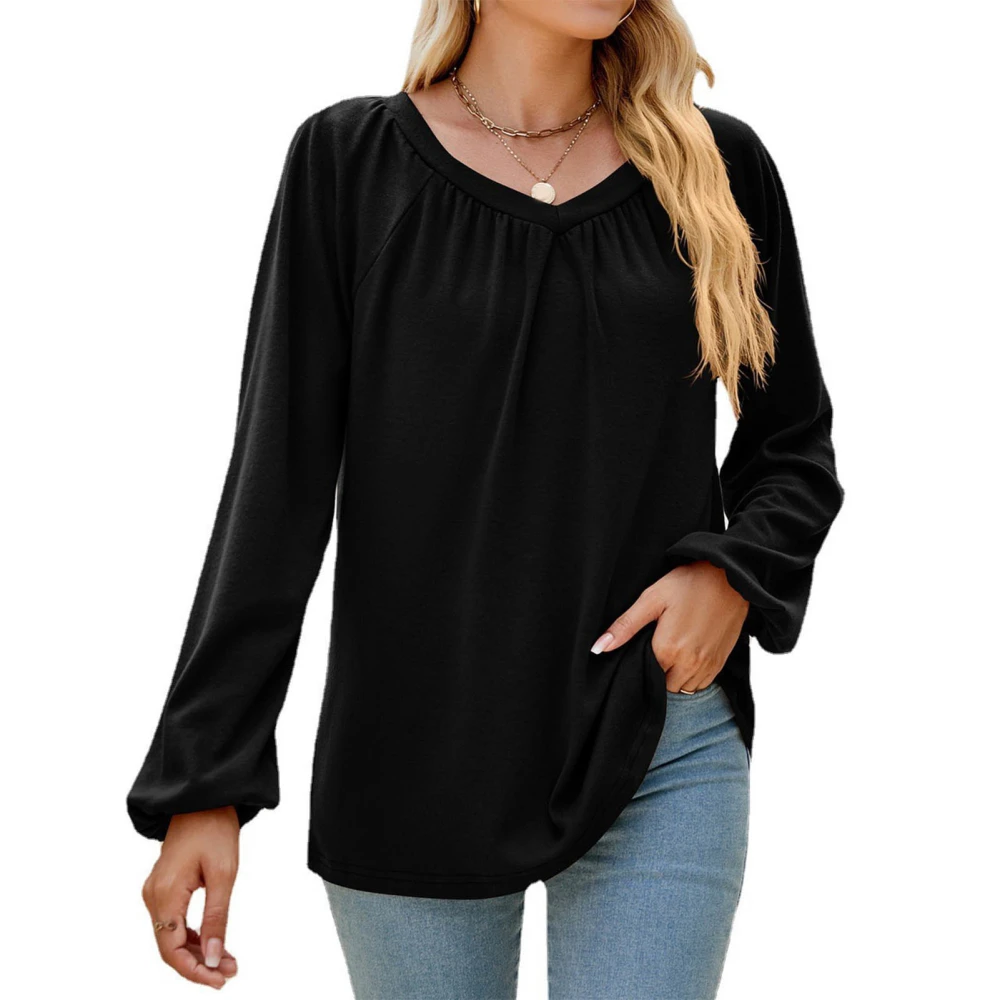 Women Long Sleeve Shirt V Neck Top Plicated Detail Pure Color Shirt Loose Casual Blouse Black L