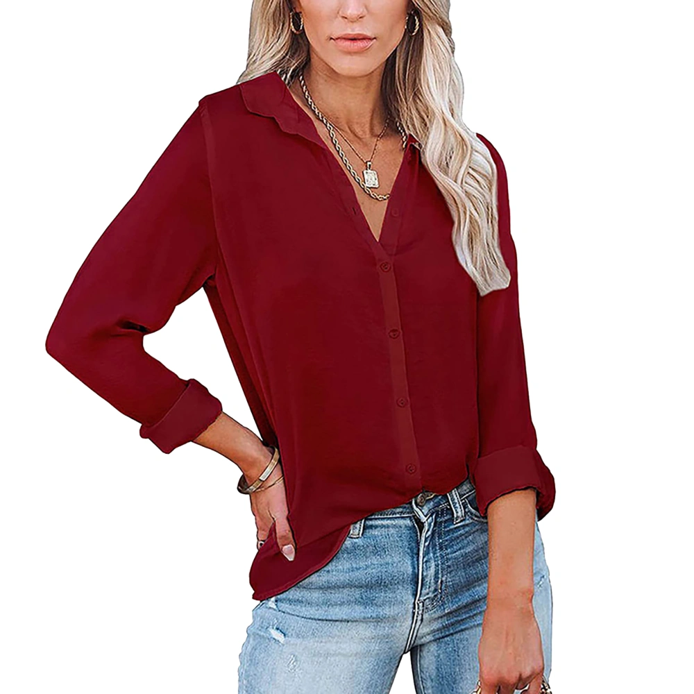 Women Shirt Long Sleeve V Neck Turn Down Collar Pure Color Button Front Shirt for Female Wine Red S