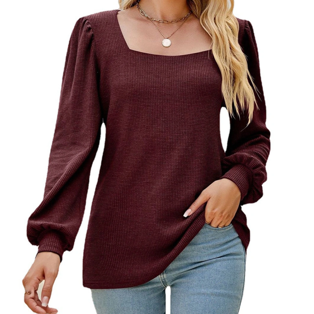 Women Puff Sleeve T Shirt Loose Pure Color Shirt Female Long Sleeve Casual Top Wine Red L