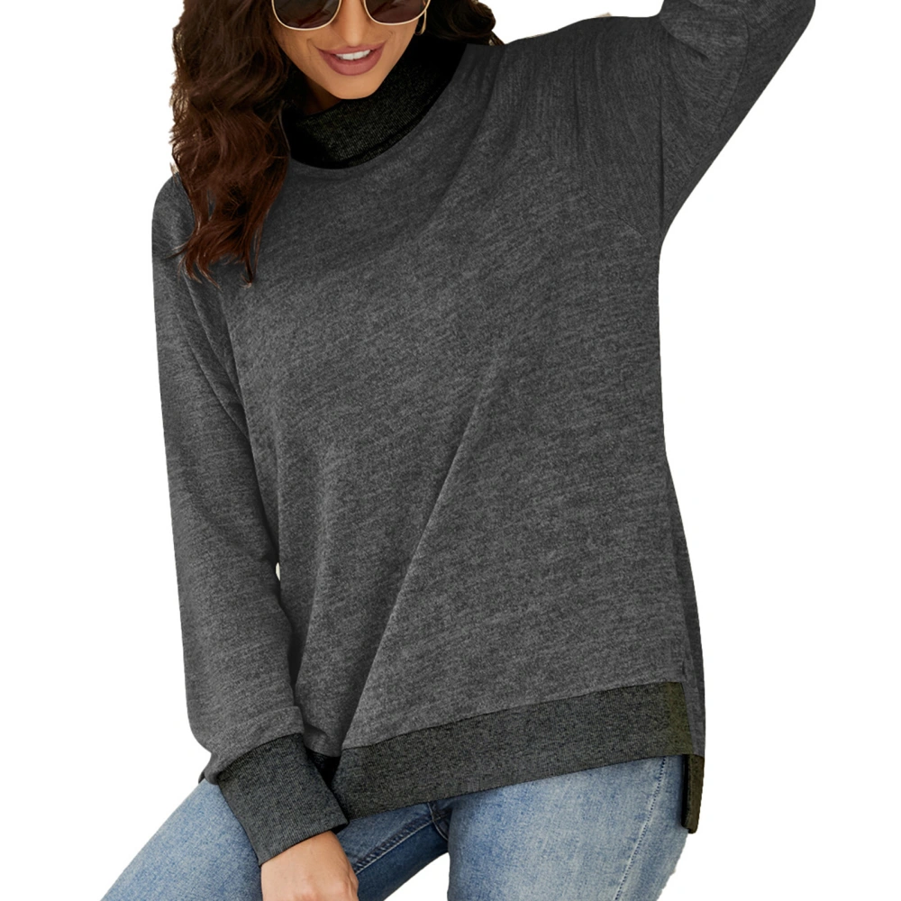 Women Long Sleeve Top High Neck Split Hem Shirt Loose Casual Base Long Sleeve Blouse Dark Gray L