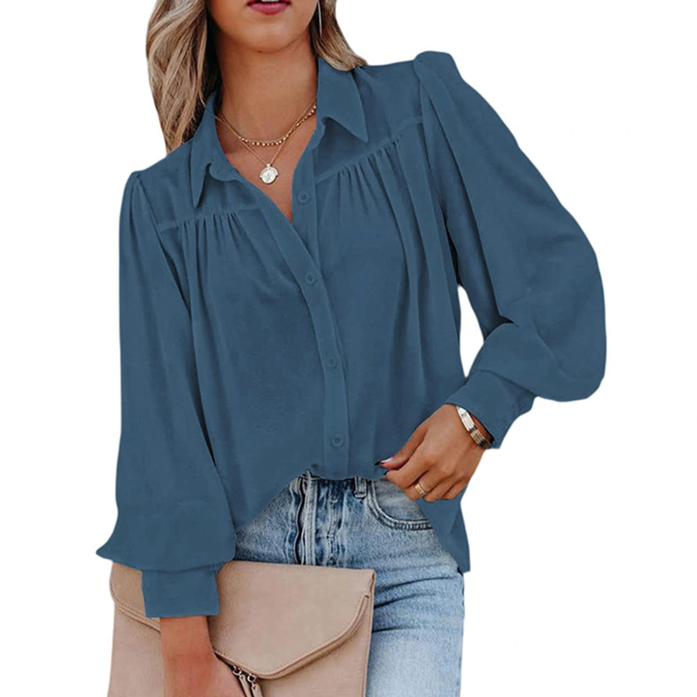 Women Turn Down Collar Long Lantern Sleeve Shirt Pure Color Casual Single Breasted Shirt Top Dark Blue XXL