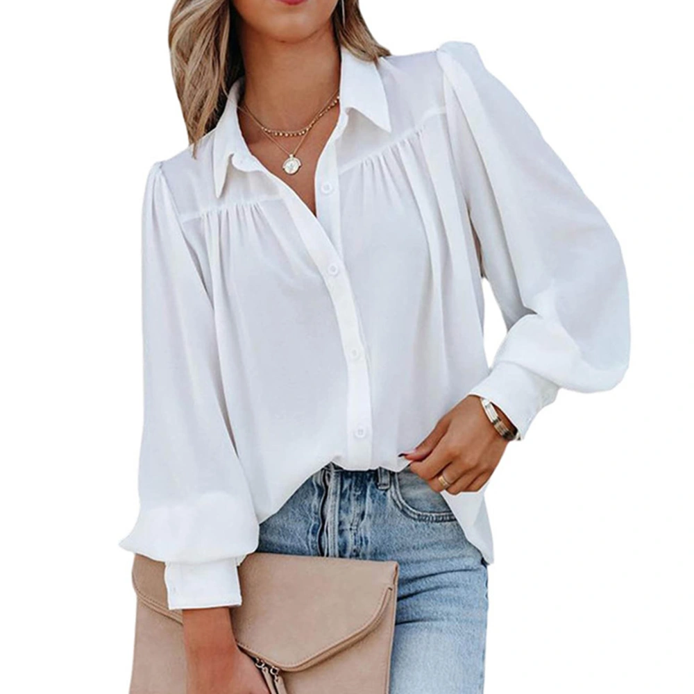 Women Turn Down Collar Long Lantern Sleeve Shirt Pure Color Casual Single Breasted Shirt Top White XXL