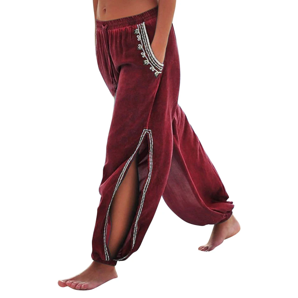 Women Mid Rise Color Block Pants Casual Beach Drawstring Elastic Waist Side Split Wide Leg Pants with Pocket Burgundy L