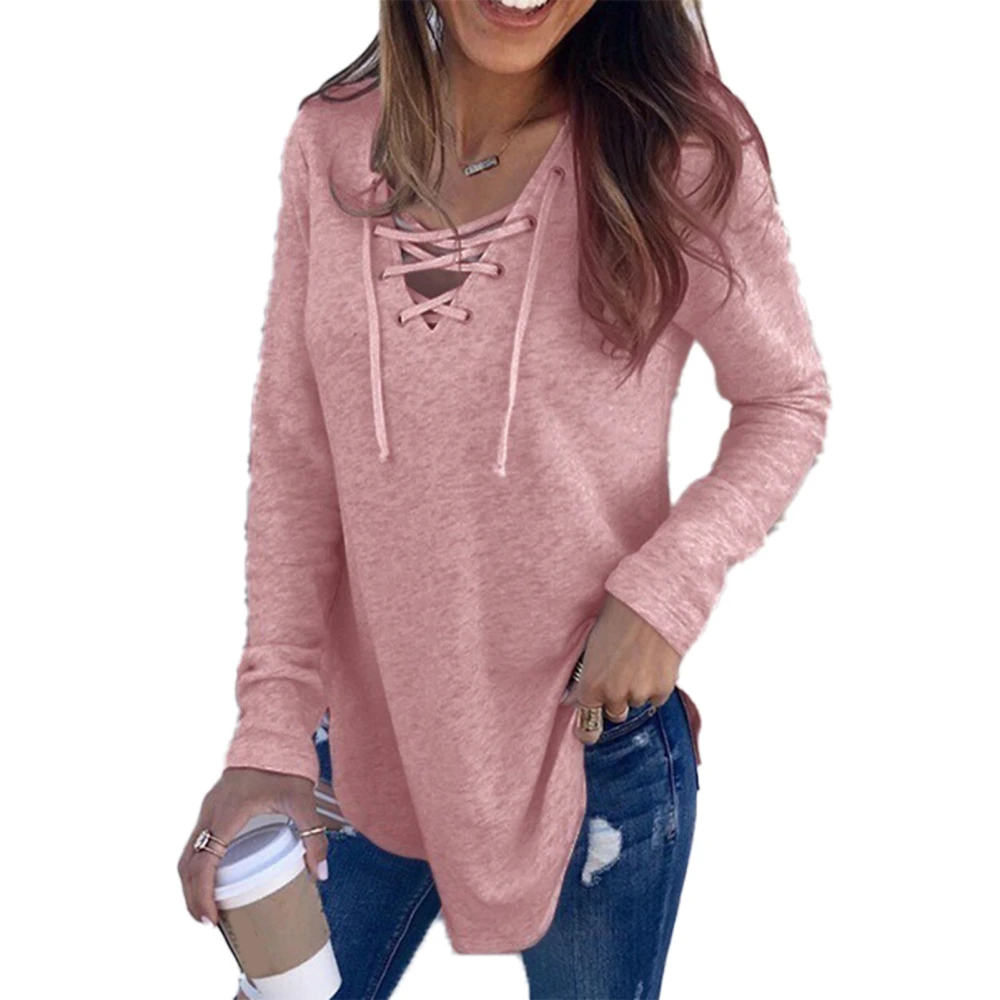 Women Long Sleeve Top Lace Up V Neck Irregular Hem Shirt Pure Color Loose Blouse Pink XXL