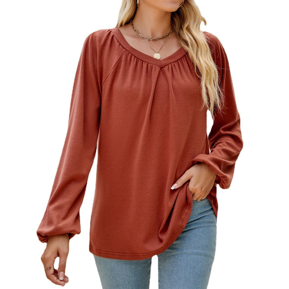 Women Long Sleeve Shirt V Neck Top Plicated Detail Pure Color Shirt Loose Casual Blouse Caramel Colour XXL