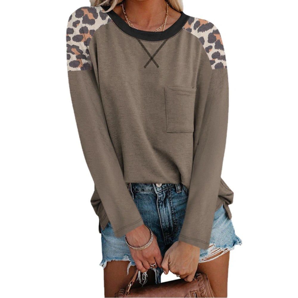 Women Long Sleeve Top Leopard Spliced Color Block Shirt Round Neck Front Pocket Blouse Brown M