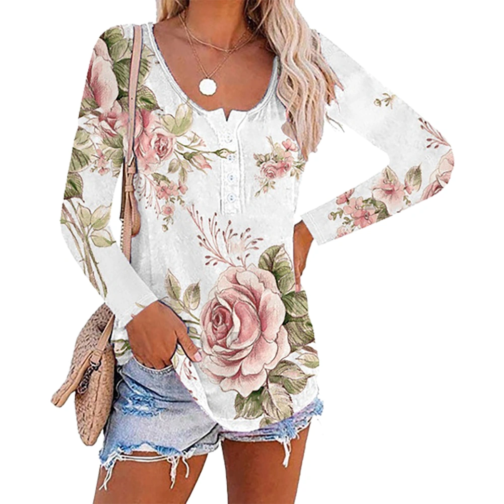 Women Summer Blouse Loose Long Sleeve Button Front Floral Print Blouse for Female Pink S