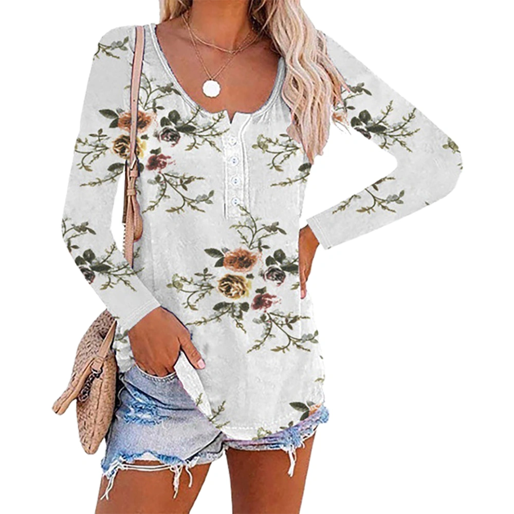 Women Summer Blouse Loose Long Sleeve Button Front Floral Print Blouse for Female White M