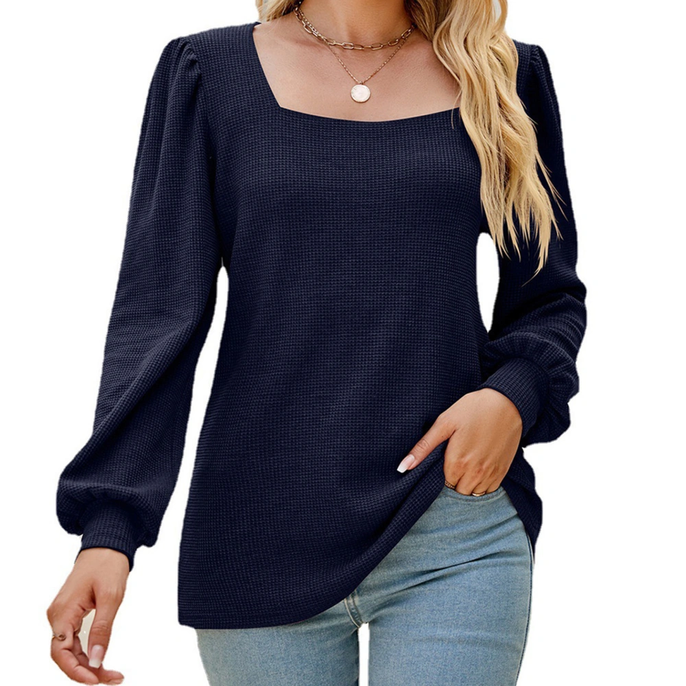 Women Puff Sleeve T Shirt Loose Pure Color Shirt Female Long Sleeve Casual Top Navy Blue M