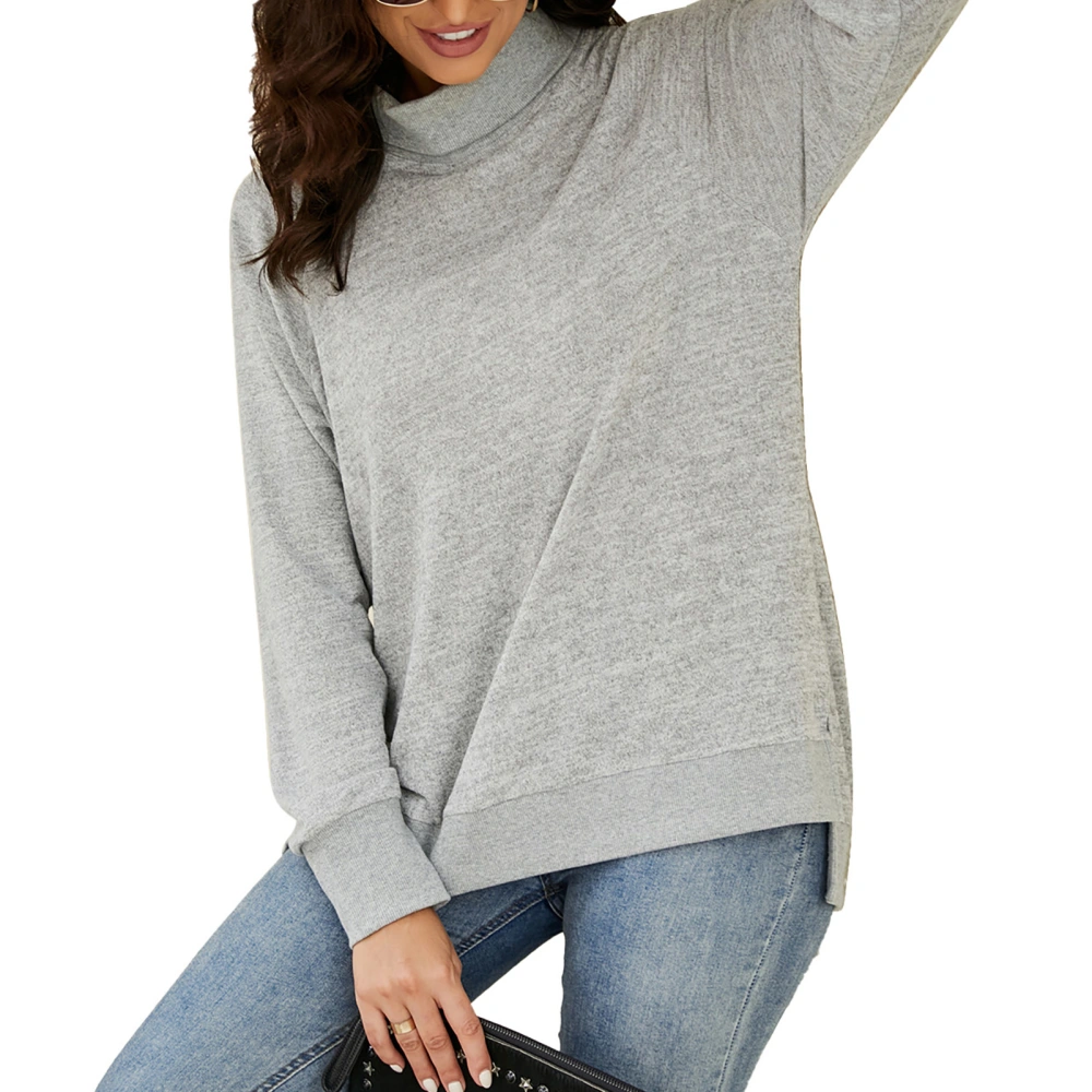 Women Long Sleeve Top High Neck Split Hem Shirt Loose Casual Base Long Sleeve Blouse Light Gray XXL