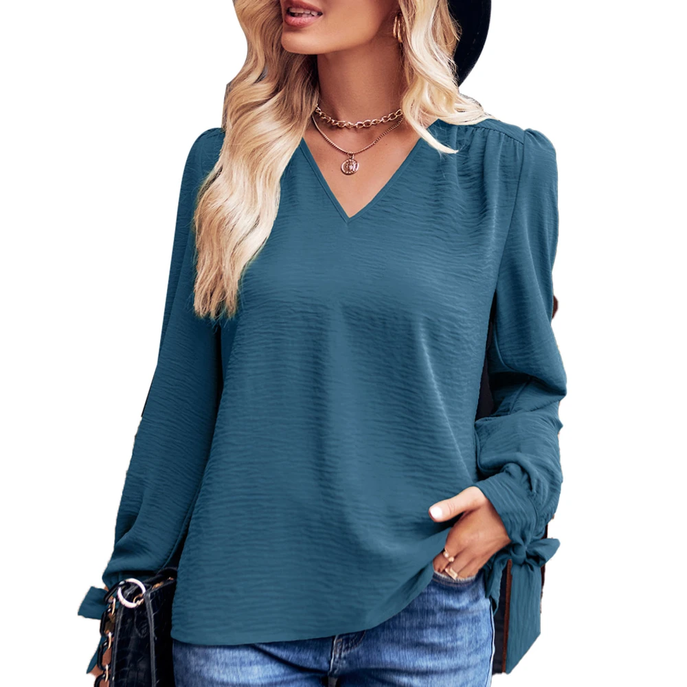 Women V Neck Knot Cuff Shirt Pure Color Leisure Long Sleeve Top for Shopping Commuting Blue M