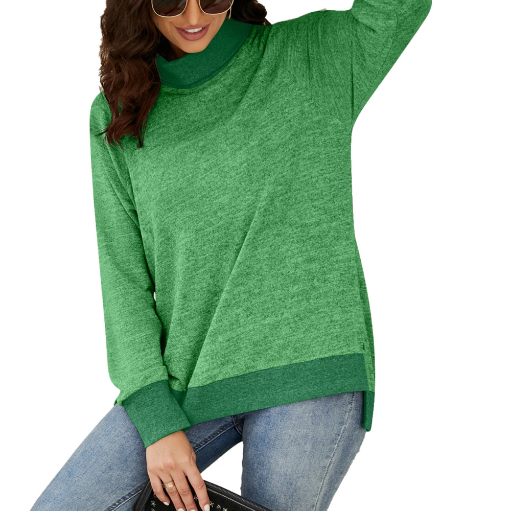 Women Long Sleeve Top High Neck Split Hem Shirt Loose Casual Base Long Sleeve Blouse Green M