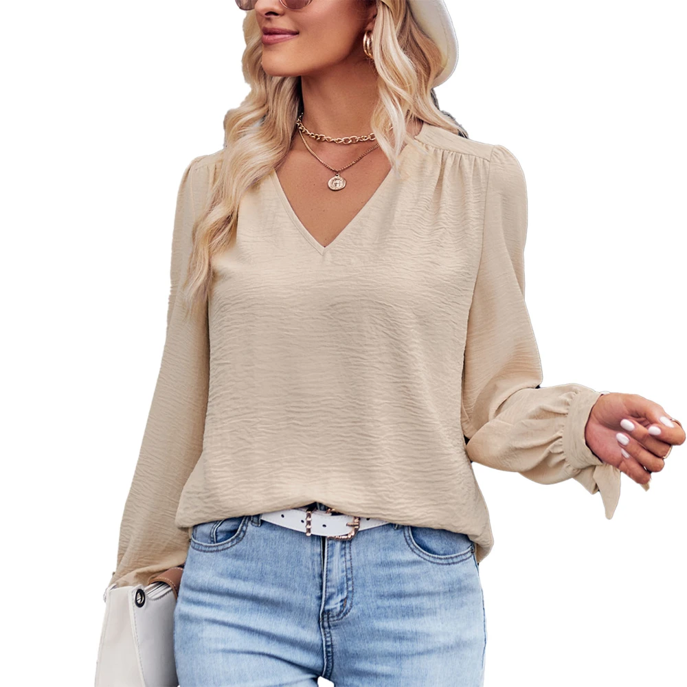 Women V Neck Knot Cuff Shirt Pure Color Leisure Long Sleeve Top for Shopping Commuting Apricot M