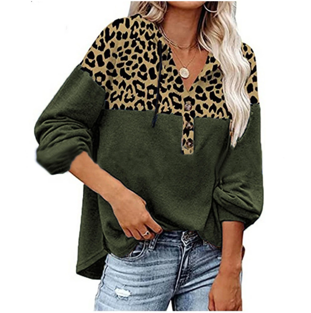 Women Hooded Top Loose Long Sleeve V Neck Button Leopard Print Hooded Blouse for Female Green S