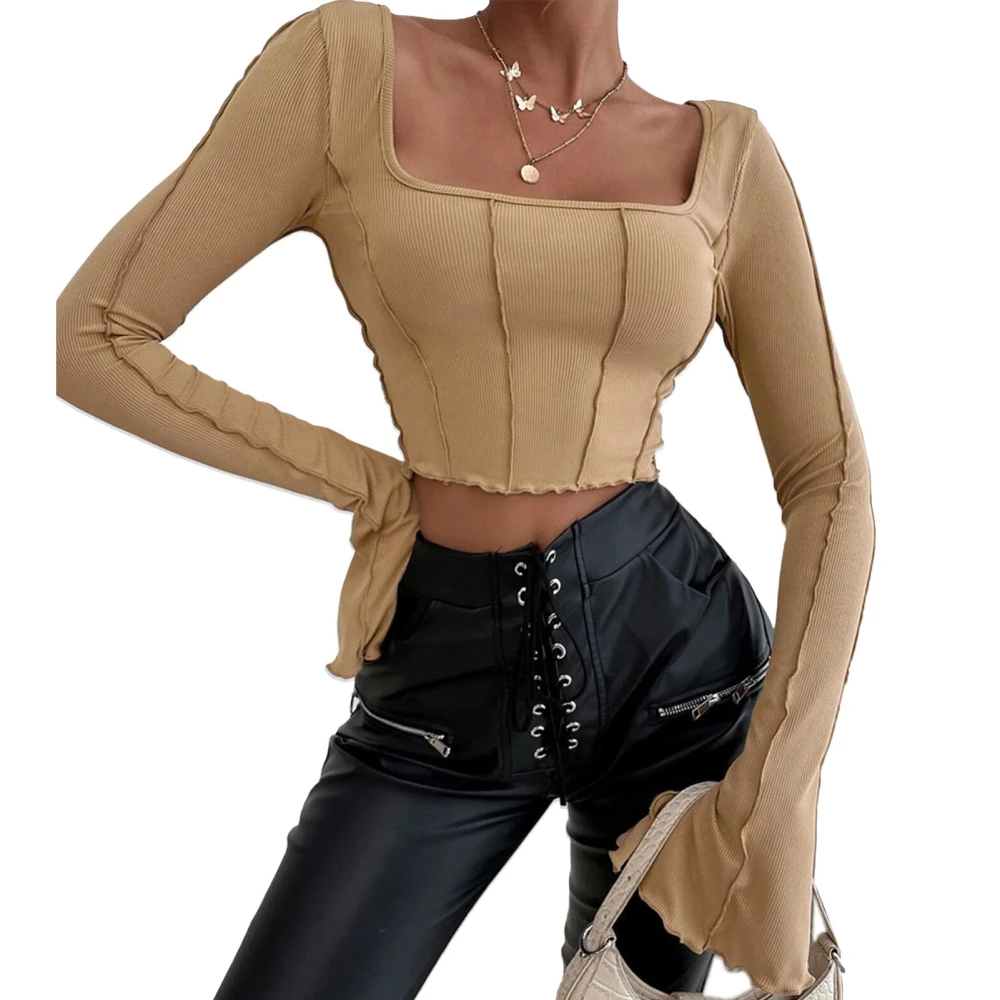 Women Long Sleeve Backless Shirt Tie Back Pure Color Casual Short Top for Dating and Shopping Khaki XL