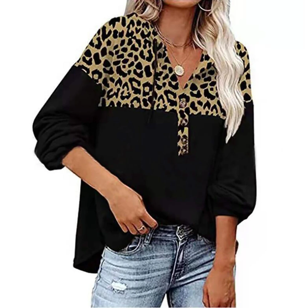 Women Hooded Top Loose Long Sleeve V Neck Button Leopard Print Hooded Blouse for Female Black 2XL