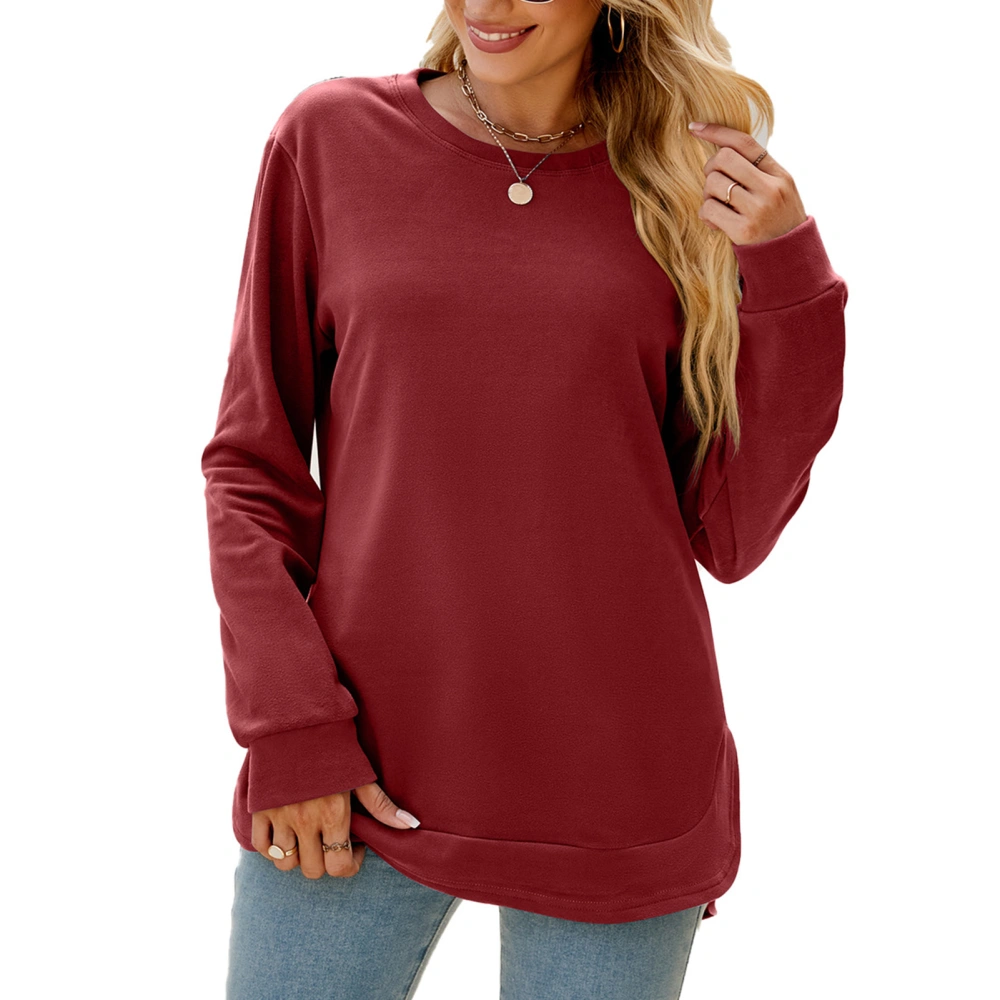 Women Long Sleeve Shirt Round Neck Irregular Hem Top Pure Color Loose Casual Base Shirt Wine Red XL