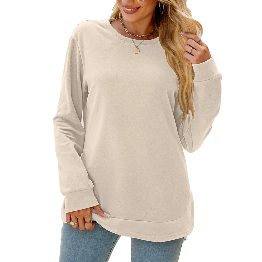 Women Long Sleeve Shirt Round Neck Irregular Hem Top Pure Color Loose Casual Base Shirt Apricot M