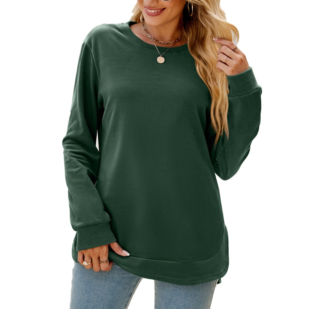 Women Long Sleeve Shirt Round Neck Irregular Hem Top Pure Color Loose Casual Base Shirt Dark Green XXL