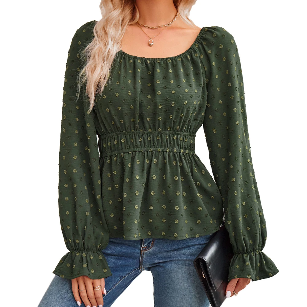 Women Ruffle Long Sleeve Top Fashionable Elegant Plain Color Crewneck Waist Gathered Shirt Blouse OD Green XL