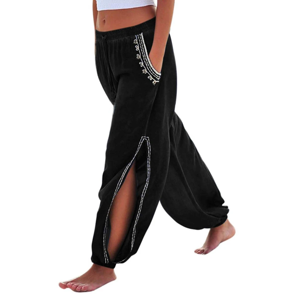 Women Mid Rise Color Block Pants Casual Beach Drawstring Elastic Waist Side Split Wide Leg Pants with Pocket Black S