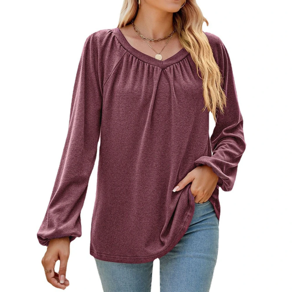 Women Long Sleeve Shirt V Neck Top Plicated Detail Pure Color Shirt Loose Casual Blouse Aubergine M