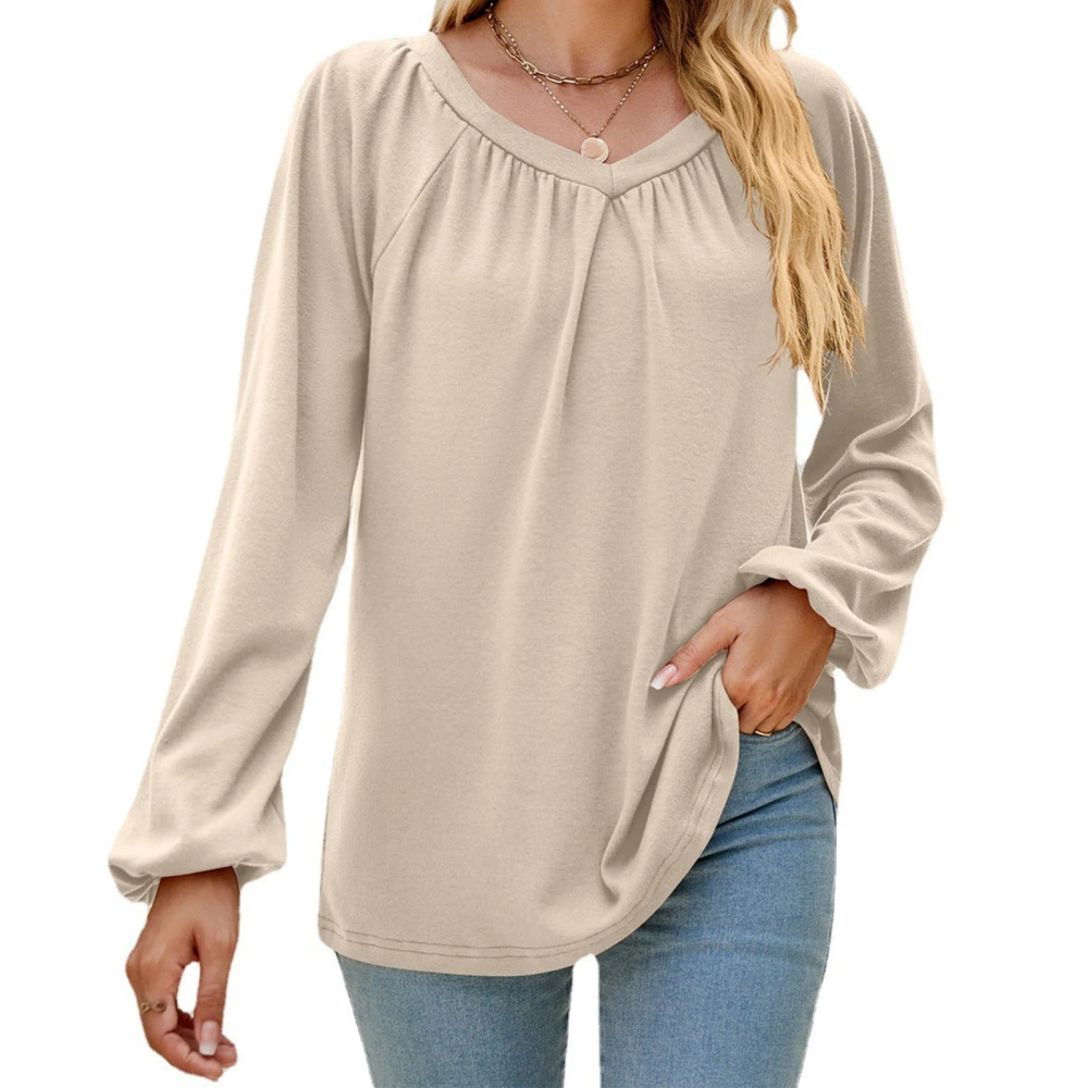 Women Long Sleeve Shirt V Neck Top Plicated Detail Pure Color Shirt Loose Casual Blouse Apricot M