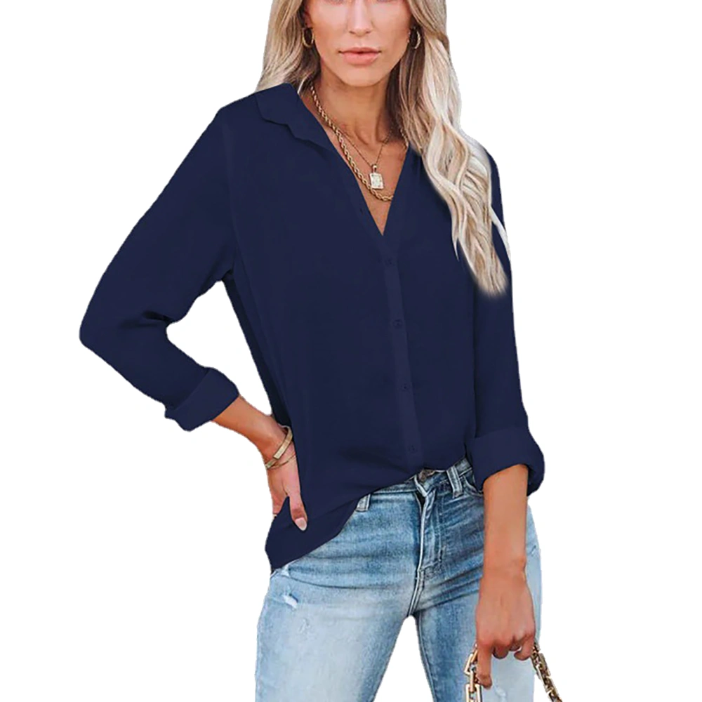 Women Shirt Long Sleeve V Neck Turn Down Collar Pure Color Button Front Shirt for Female Navy Blue S