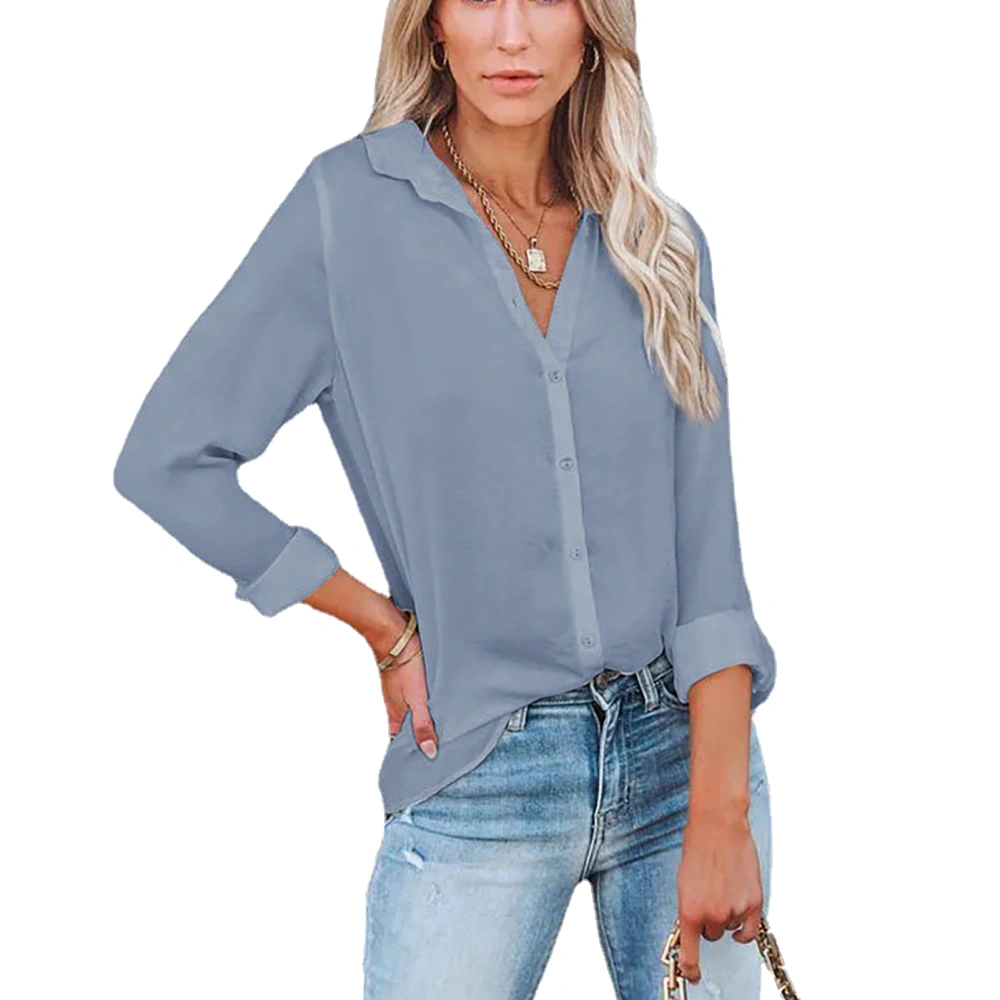 Women Shirt Long Sleeve V Neck Turn Down Collar Pure Color Button Front Shirt for Female Grey L