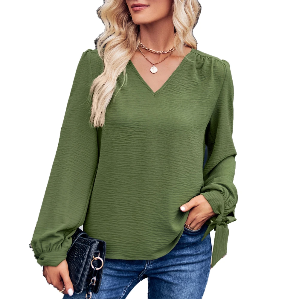 Women V Neck Knot Cuff Shirt Pure Color Leisure Long Sleeve Top for Shopping Commuting Green S