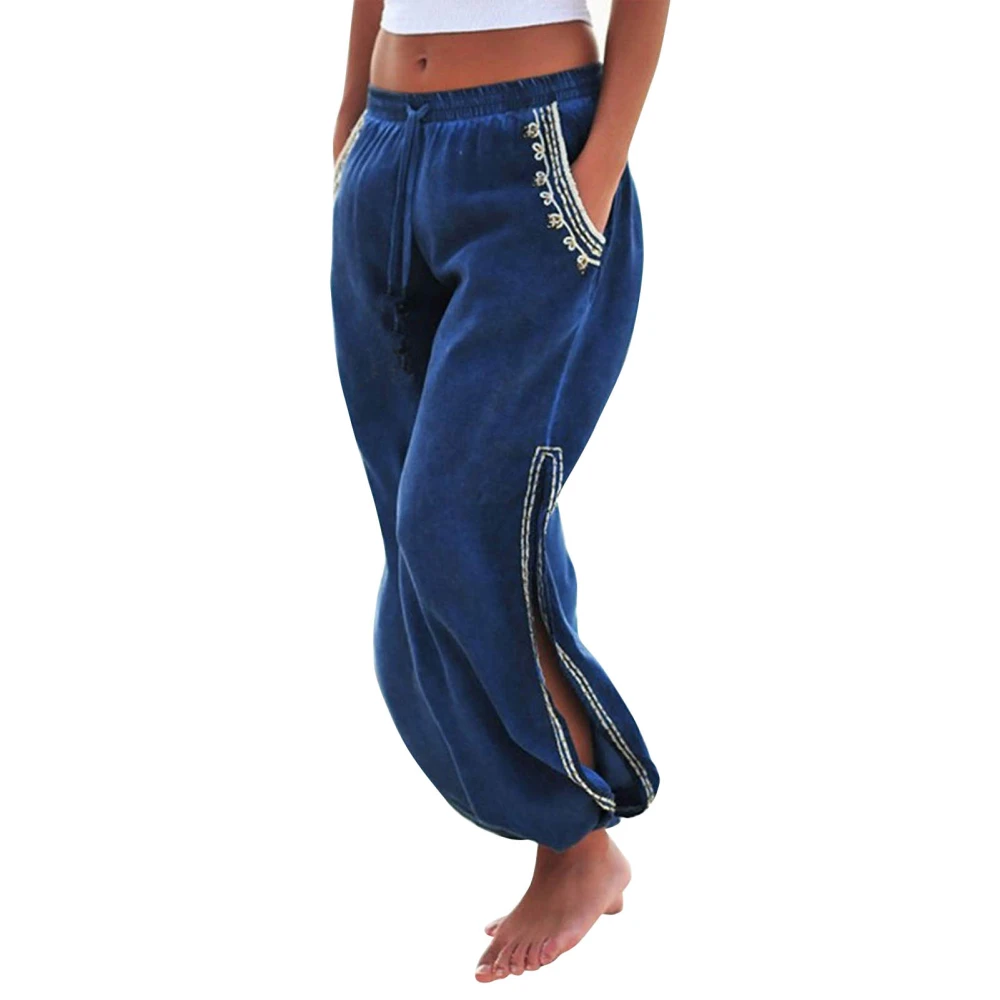 Women Mid Rise Color Block Pants Casual Beach Drawstring Elastic Waist Side Split Wide Leg Pants with Pocket Blue L