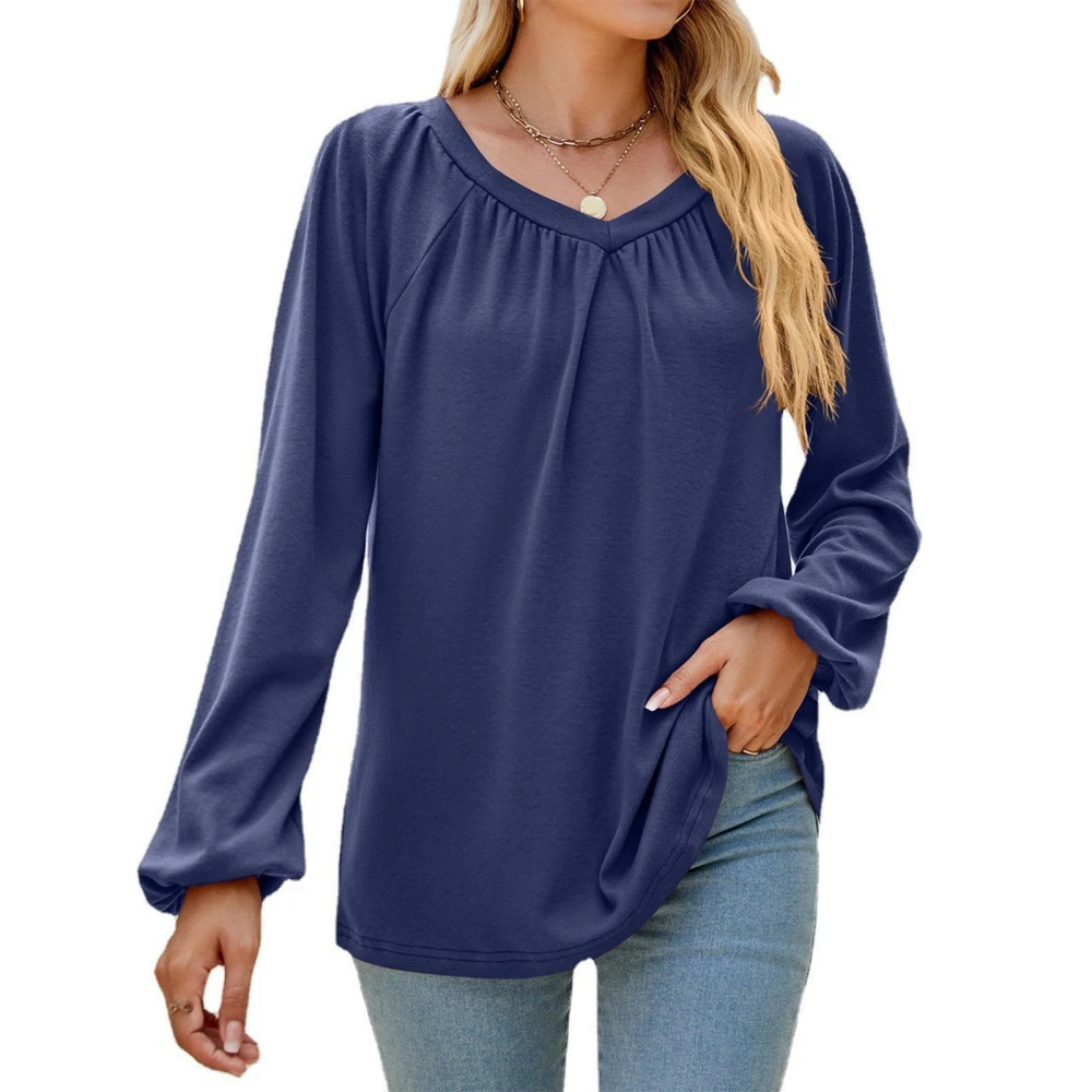 Women Long Sleeve Shirt V Neck Top Plicated Detail Pure Color Shirt Loose Casual Blouse Royalblue M