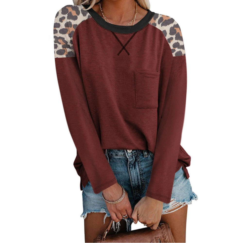 Women Long Sleeve Top Leopard Spliced Color Block Shirt Round Neck Front Pocket Blouse Wine Red XXL