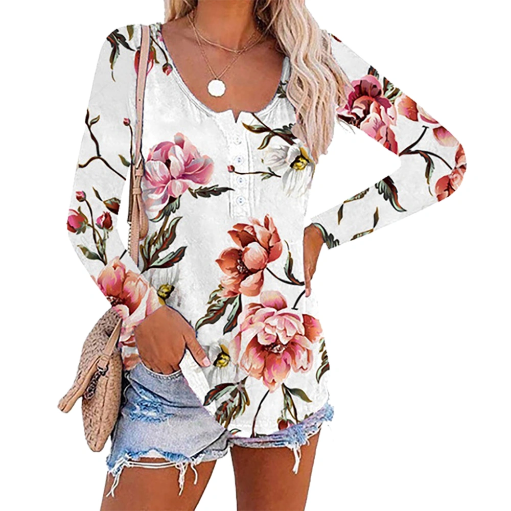 Women Summer Blouse Loose Long Sleeve Button Front Floral Print Blouse for Female Red XL