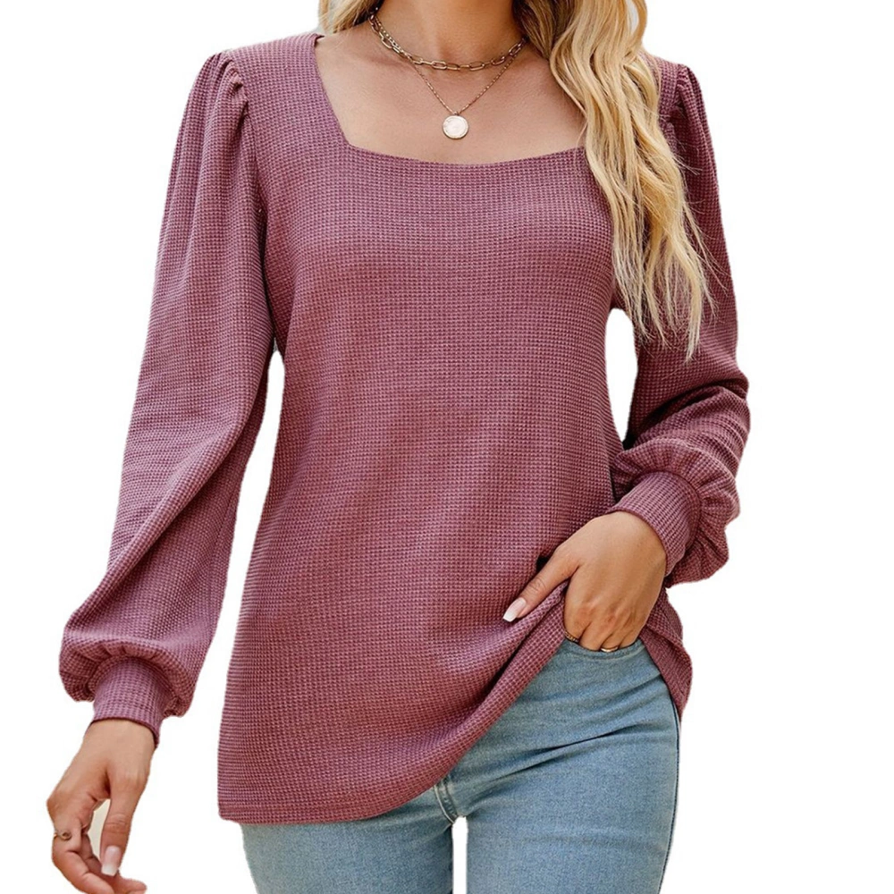 Women Puff Sleeve T Shirt Loose Pure Color Shirt Female Long Sleeve Casual Top Brick Red L