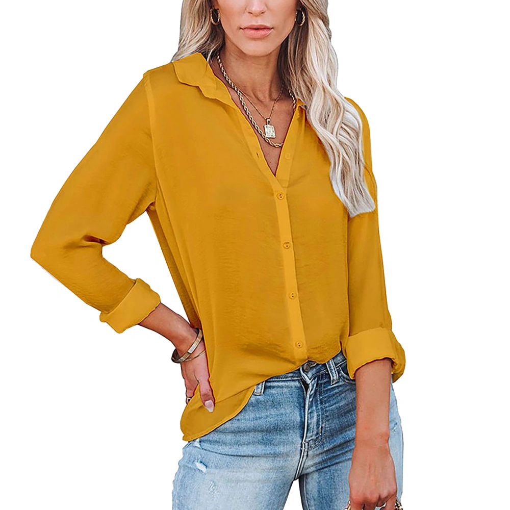 Women Shirt Long Sleeve V Neck Turn Down Collar Pure Color Button Front Shirt for Female Yellow XXL