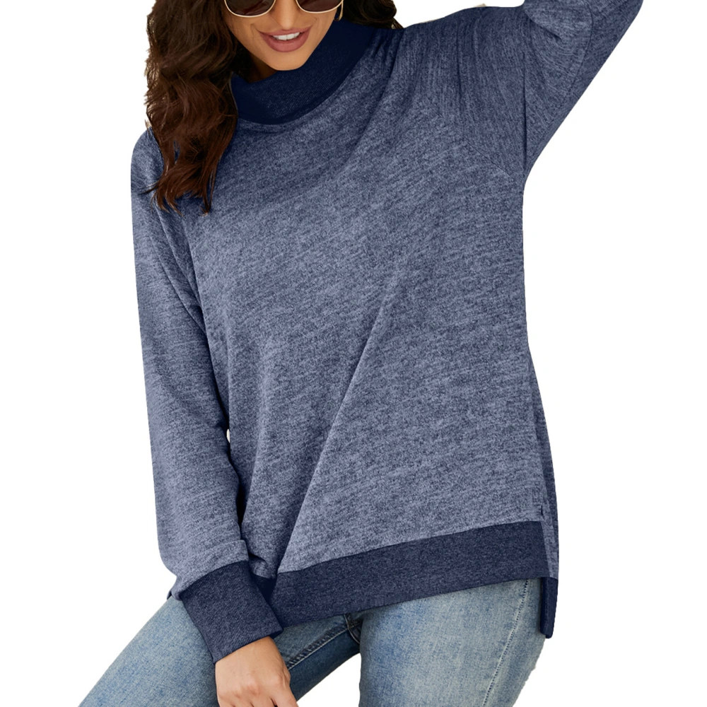 Women Long Sleeve Top High Neck Split Hem Shirt Loose Casual Base Long Sleeve Blouse Bright Blue XXL