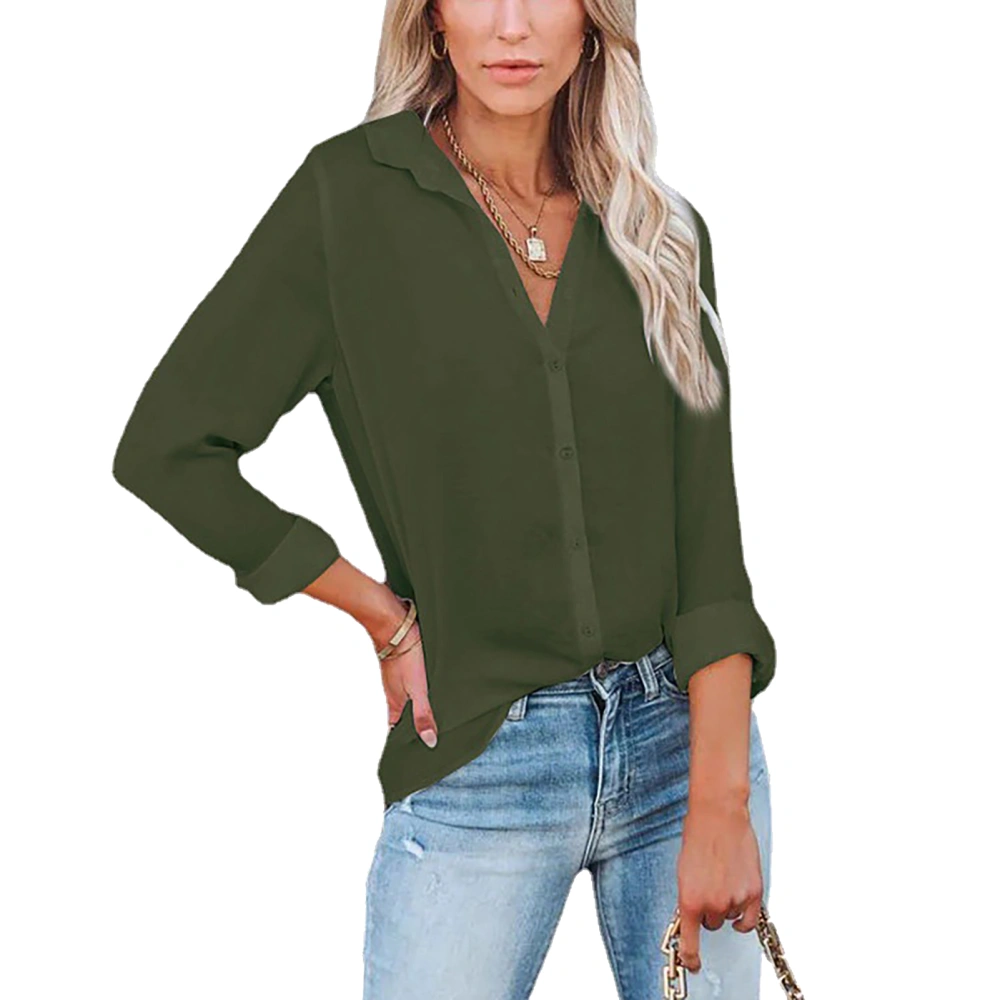 Women Shirt Long Sleeve V Neck Turn Down Collar Pure Color Button Front Shirt for Female OD Green S