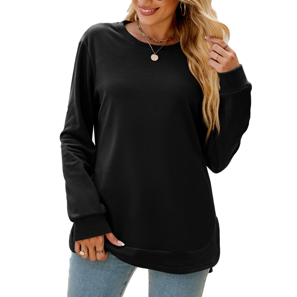 Women Long Sleeve Shirt Round Neck Irregular Hem Top Pure Color Loose Casual Base Shirt Black XXL