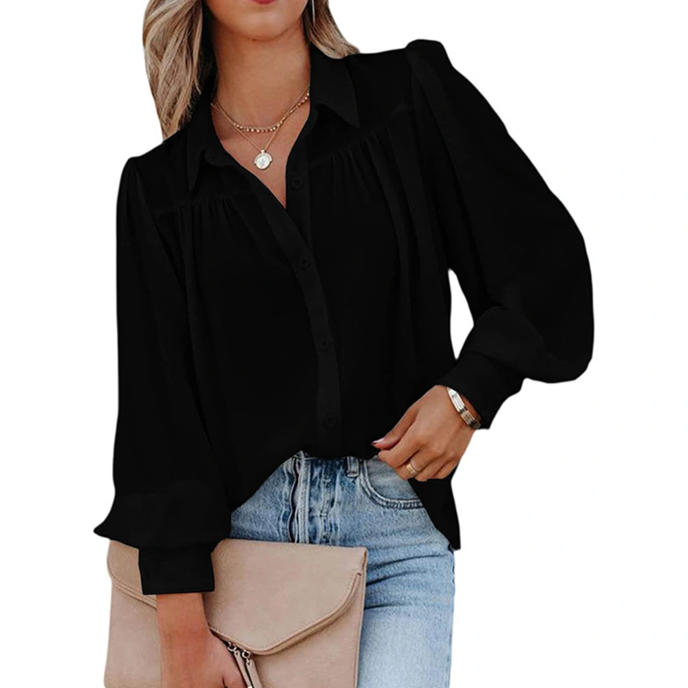 Women Turn Down Collar Long Lantern Sleeve Shirt Pure Color Casual Single Breasted Shirt Top Black M