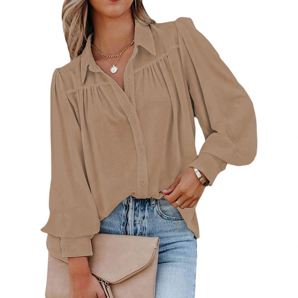 Women Turn Down Collar Long Lantern Sleeve Shirt Pure Color Casual Single Breasted Shirt Top Khaki L