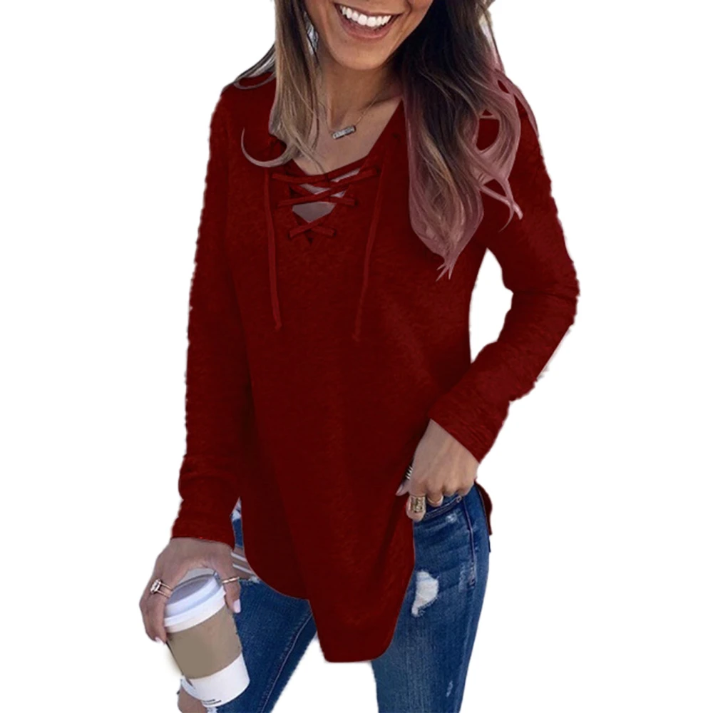 Women Long Sleeve Top Lace Up V Neck Irregular Hem Shirt Pure Color Loose Blouse Wine Red S