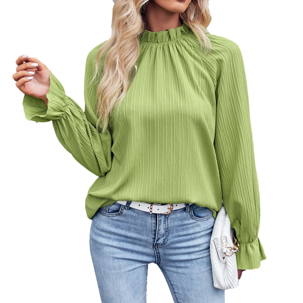 Women Long Sleeve Shirt Frill Trim Ruffle Sleeve Top High Neck Top Fashionable Pure Color Blouse Green XL