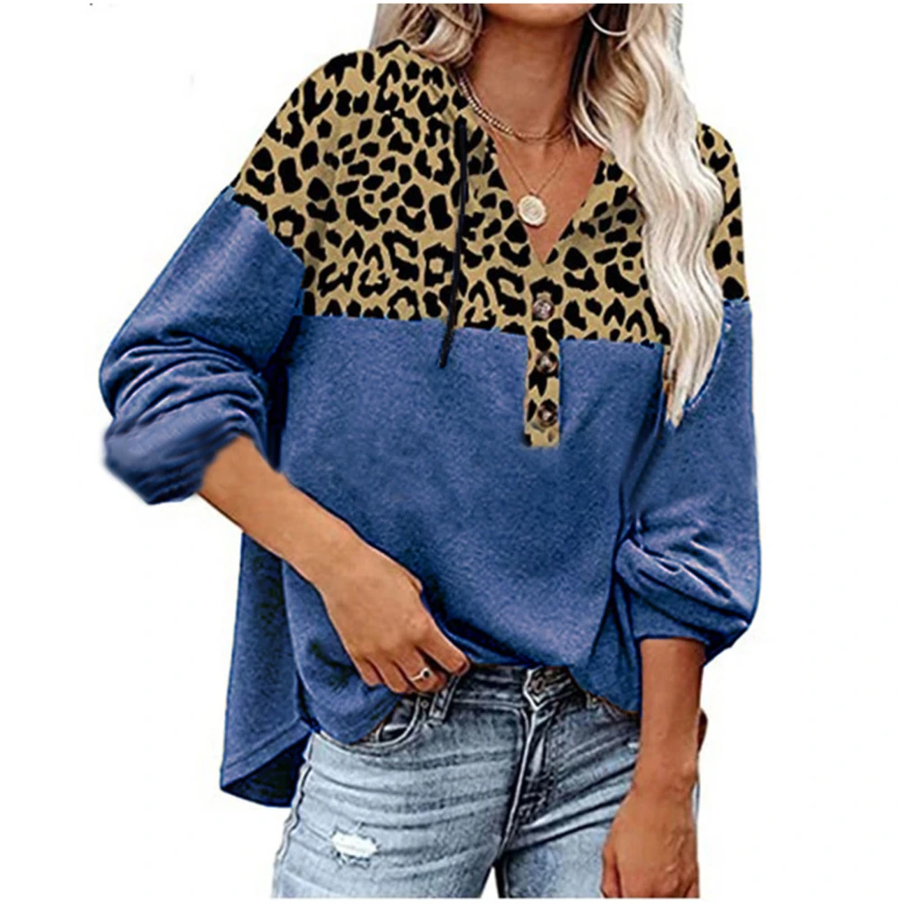 Women Hooded Top Loose Long Sleeve V Neck Button Leopard Print Hooded Blouse for Female Blue L