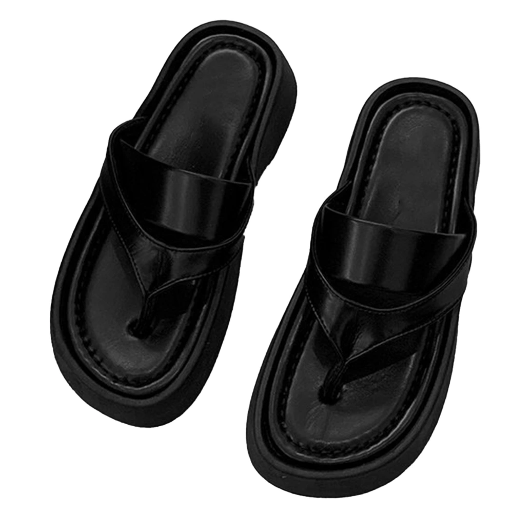 Women PU Leather Flip Flops Slides Fashionable Casual Plain Color Thick Soled Beach Slippers Sandals Black 37